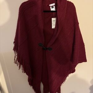 Charter Club NWT Raschel Braid Detail Knit Poncho Fringe Barberry One Size New